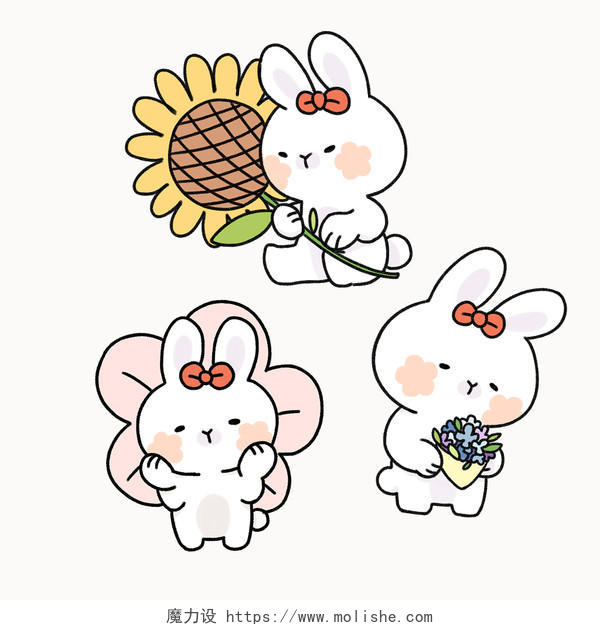 卡通风格可爱兔子套图 兔子和花 PNG素材小白兔元素